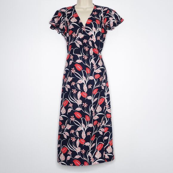 Draper James Linen Wrap Midi Dress Size 8 Blue Pink Floral Print Tropical‎ - Picture 1 of 8
